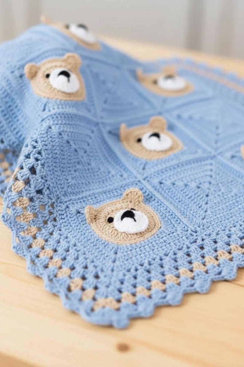 May include: A light blue crochet blanket featuring a repeating pattern of square motifs. Each square contains a beige bear face with a white muzzle and black nose. The blanket has a decorative scalloped border in light blue and beige yarn.