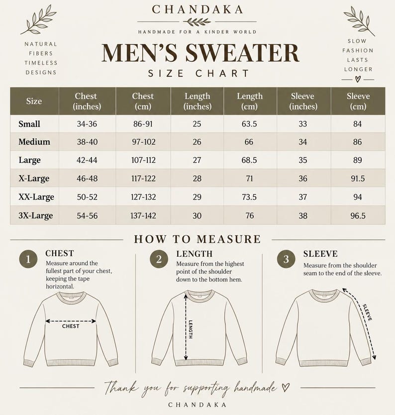 Puede incluir: Una tabla de tallas beige para su&eacute;ter con el texto CHANDAKA, HANDMADE FOR A KINDER WORLD y SWEATER SIZE CHART. Incluye una tabla con medidas de pecho, largo y manga en pulgadas y cm, adem&aacute;s de diagramas que muestran c&oacute;mo medir.