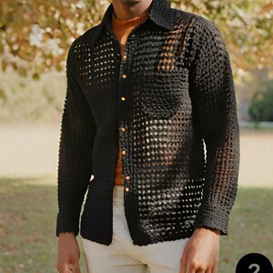 May include: A black, long-sleeved shirt with a mesh pattern and button closure. The shirt is semi-sheer and has a relaxed fit.