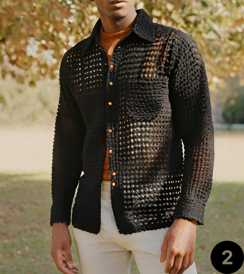 May include: A black, long-sleeved shirt with a mesh pattern and button closure. The shirt is semi-sheer and has a relaxed fit.
