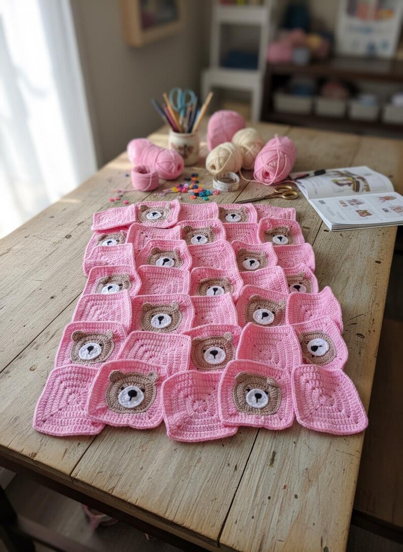 May include: A handmade crochet blanket composed of multiple square motifs in light pink yarn. Several squares feature a centered, circular bear face applique in tan and white yarn with black embroidered details for the eyes and nose.