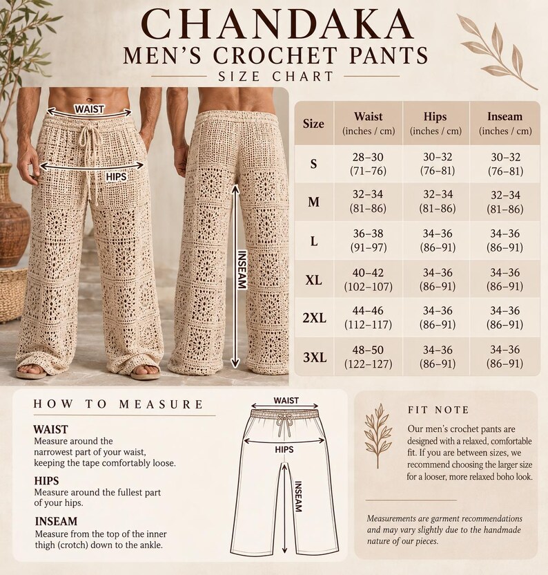Puede incluir: Pantalones de ganchillo beige con patr&oacute;n cuadrado, cintura con cord&oacute;n y silueta de pierna ancha. La imagen incluye una tabla de tallas con medidas en pulgadas y cent&iacute;metros, adem&aacute;s de una gu&iacute;a sobre c&oacute;mo medir la cintura y caderas.