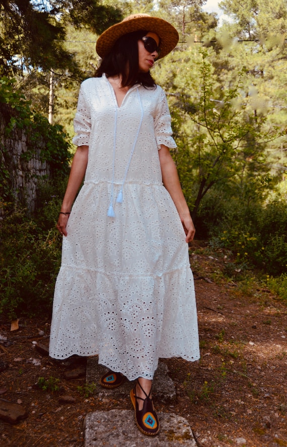 White Dress With Sleeves Boho Midi Dress Cotton Midi Dress - Etsy