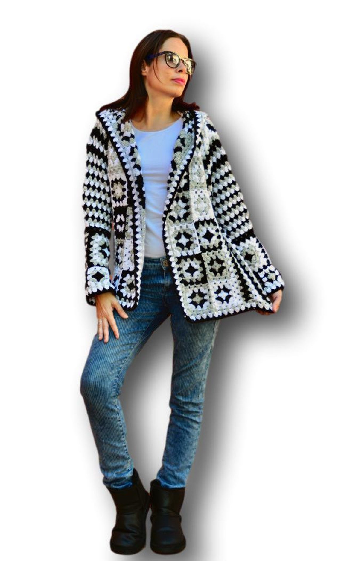 Black Cardigan Black crochet sweater Black and white jacket Etsy