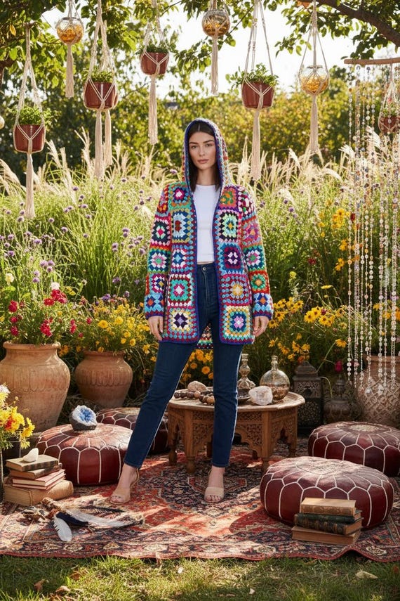 Crochet Granny Square Hooded Jacket: Bohemian Festival Clothes