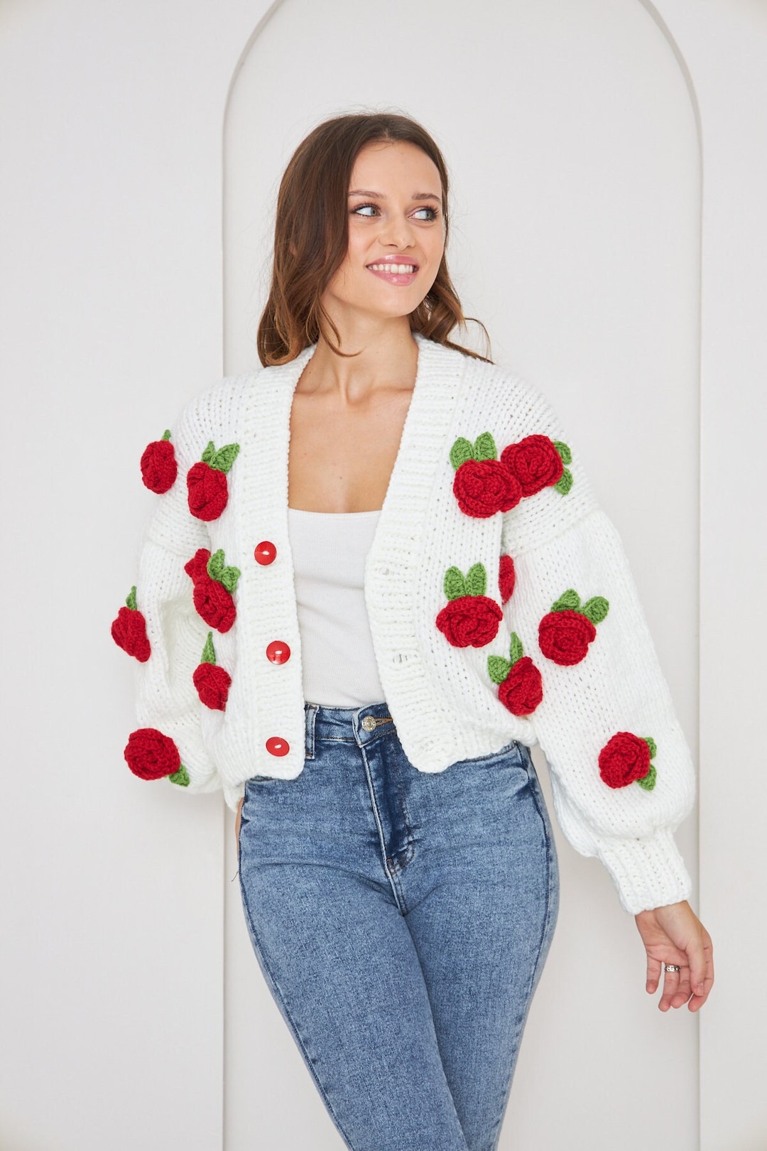 Rosie flower knit tops red ☆新品未開封☆ Call Me Rose – Rose Garden Cardigan without Roses – Zeya Crochet