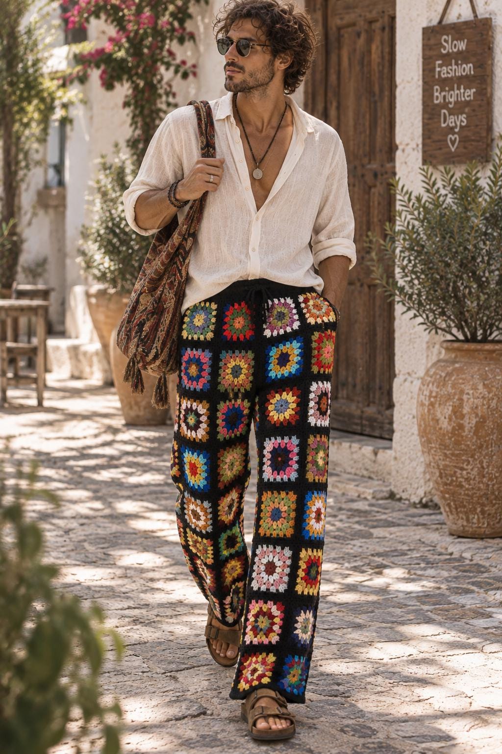 Hand Knitted Granny Square Crochet Trousers: Men's Festival Retro