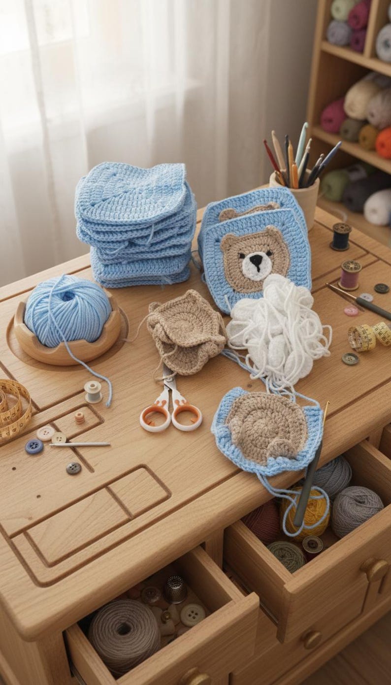 May include: A collection of light blue crochet squares, including one with a tan bear face design, alongside a ball of light blue yarn, white yarn, scissors, buttons, and measuring tapes arranged on a wooden craft table with open drawers.