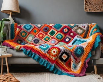 Crochet Boho Bedspread, Boho Home Decor, Boho Handmade Blanket, Bohemian Knit Bedspread, Granny Square throw Blanket, Retro Knit Bedspread,