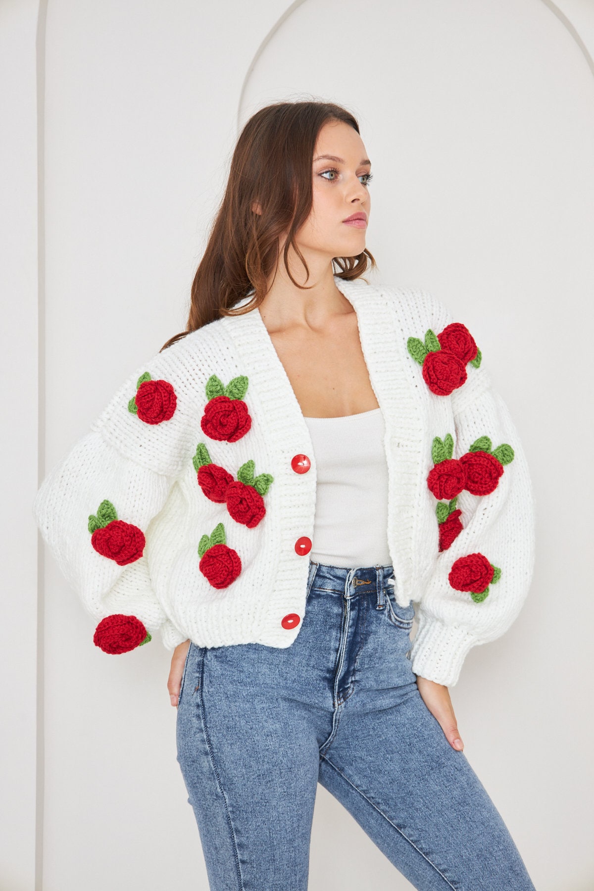 Designer Crochet Red Rose Cardigan, Crochet Rose Chunky Cardigan