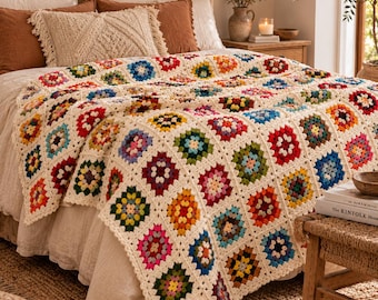 Puede incluir: Una manta de ganchillo con un patrón repetitivo de cuadrados granny. Cada cuadrado consta de un grupo central de hilo multicolor en tonos rojo, azul, amarillo, verde y rosa, enmarcado por un borde grueso de hilo color crema.