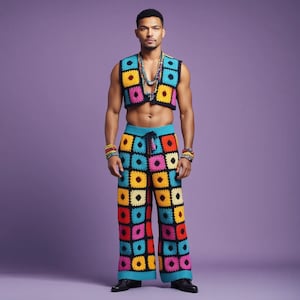 Handmade Crochet Granny Square Outfit: Boho Festival Vest and Pants