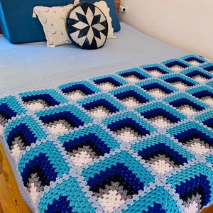 Blue Crochet Knit Blanket: Bohemian 3D Throw