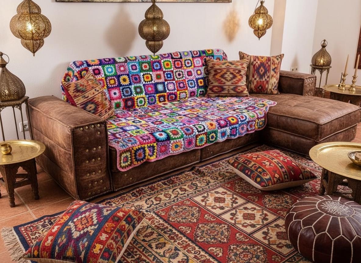 手作りのおばあちゃんスクエアアフガン：カラフルなかぎ針編みのニット