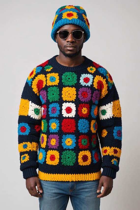 Handmade Men's Crochet Granny Square Cardigan: Winter Retro