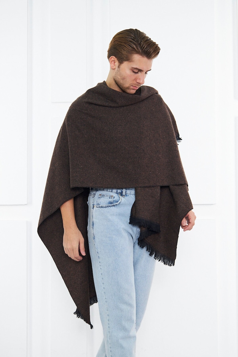 Brown Oversize Scarf Men, Winter Mens Blanket Shawl, Black Wool Large Scarf Men, Men's black Boho Jacket Poncho, Wool Fall Cape, Cape Men