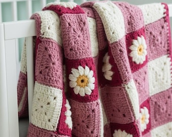 Handmade Crochet Daisy Baby Blanket Pink Granny Square Baby Throw, Boho Flower Afghan,  Nursery Décor, Newborn Gift