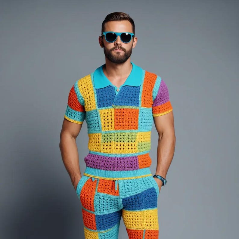 May include: A person wearing a colourful crocheted shirt and trousers. The shirt and trousers are made of different coloured squares. The person is wearing blue sunglasses.