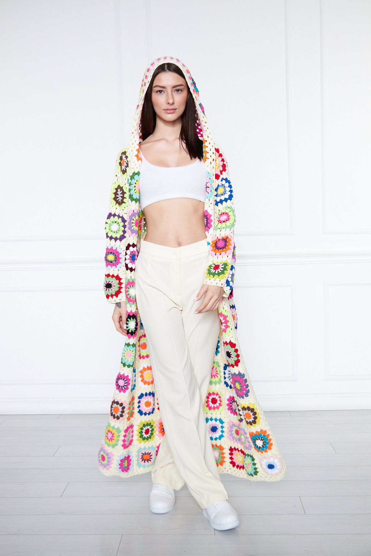 Handmade Crochet Granny Square Hooded Cardigan: Boho Hippie Jacket Knit Sweater