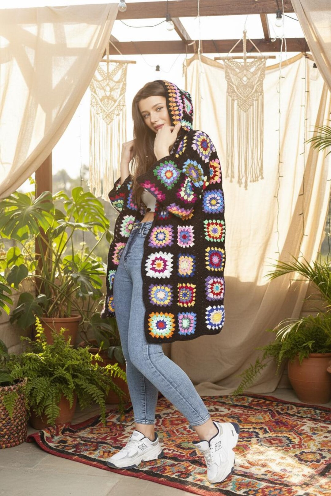 Hand Crochet Boho Christmas Cardigan: Black Knit Granny Square