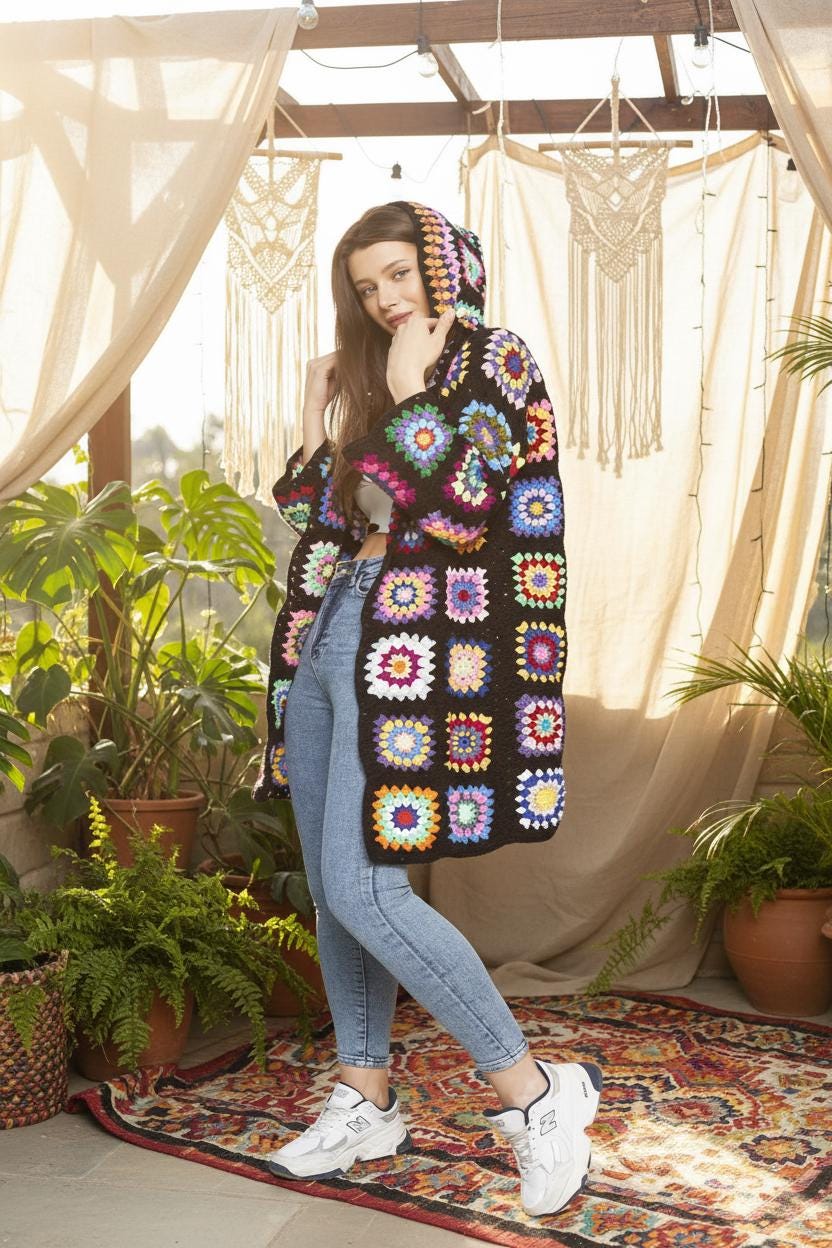 Hand Crochet Boho Christmas Cardigan: Black Knit Granny Square