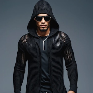 Handmade Mens Hooded Knit Sweater: Rave Cyberpunk Cardigan