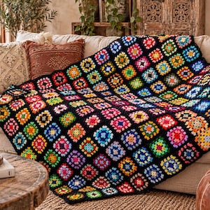 Handmade Crochet Granny Square Blanket: Colorful Afghan Knit Sofa Blanket