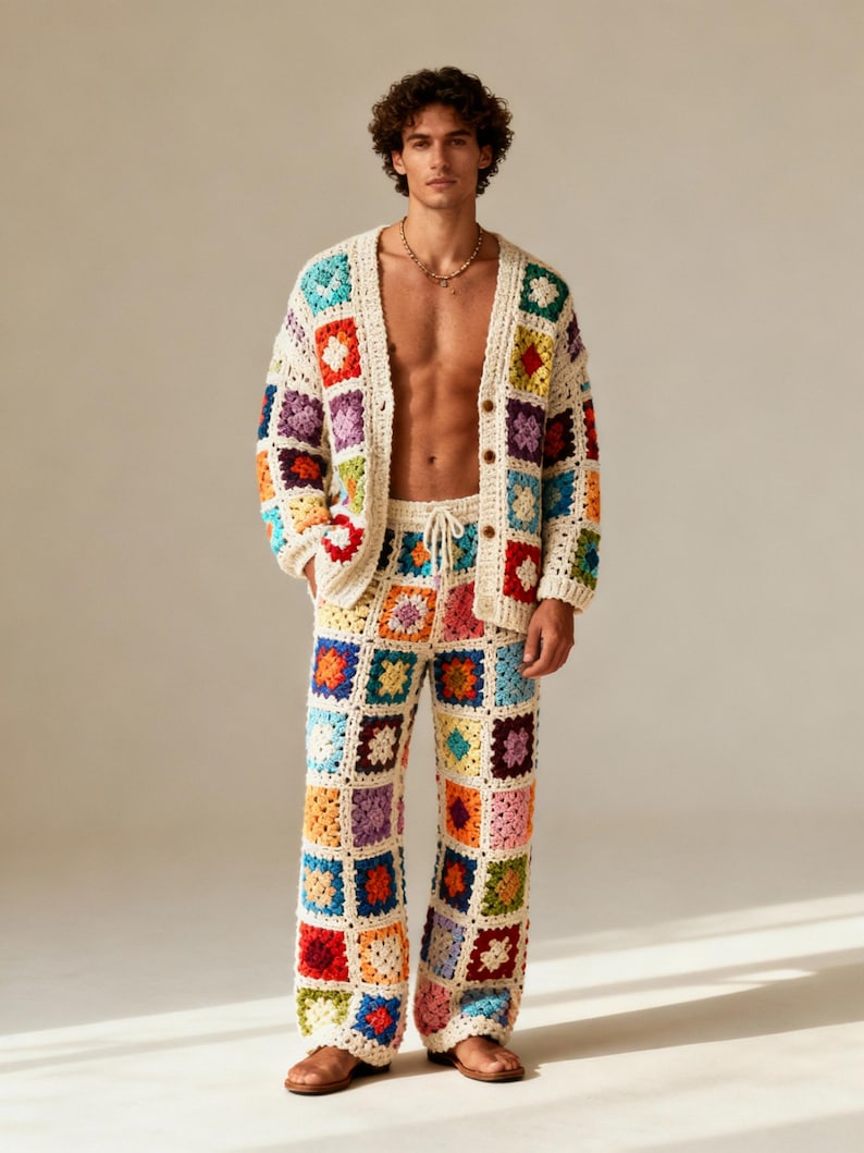 Puede incluir: Un conjunto de c&aacute;rdigan y pantal&oacute;n de ganchillo con un patr&oacute;n de cuadrados de la abuela multicolor. El c&aacute;rdigan tiene cierre de botones y el pantal&oacute;n incluye un cord&oacute;n ajustable en la cintura. Ambas prendas est&aacute;n hechas de hilo color crema.