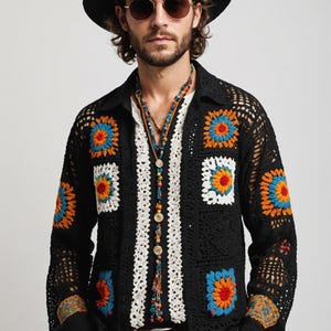 Mens Black Crochet Shirt: Boho Style Cotton Blend