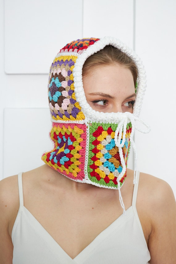 Granny Square Knit Balaclava: Blue Retro Winter Crochet Blue Hat
