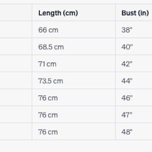 May include: Size chart for clothing with measurements in inches and centimetres. The chart shows sizes XS- to 3XL with corresponding bust and length measurements.