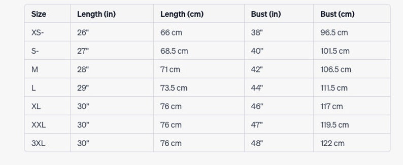 May include: Size chart for clothing with measurements in inches and centimetres. The chart shows sizes XS- to 3XL with corresponding bust and length measurements.