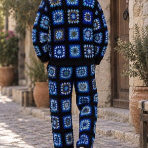 Puede incluir: Un conjunto de c&aacute;rdigan de manga larga y pantal&oacute;n de ganchillo con base negra y un patr&oacute;n repetitivo de cuadrados granny en tonos azul, azul claro y blanco. El c&aacute;rdigan cuenta con cuello y pu&ntilde;os acanalados en color negro, y el pantal&oacute;n es de corte recto.