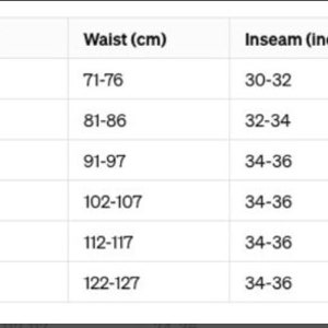 May include: Size chart showing waist and inseam measurements in inches and centimetres for sizes S, M, L, XL, 2XL, and 3XL.