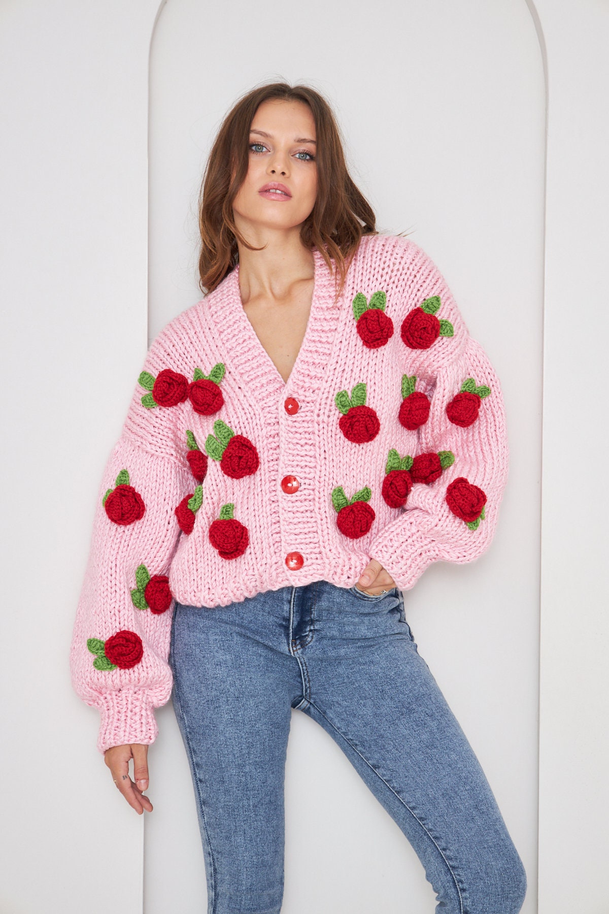 Custom Crochet Rose Cardigan: Chunky Knit Pink Winter Jacket
