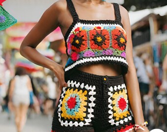 Short et haut au crochet pour femmes, vêtements de festival au crochet pour femmes pour l'été - Haut de festival en tricot main élégant et rétro