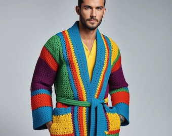 Handmade Crochet Granny Square Cardigan for Men , Colorful Crochet Sweater, Patchwork Cardigan Jacket, Knitted Cardigan, Unisex Jacket