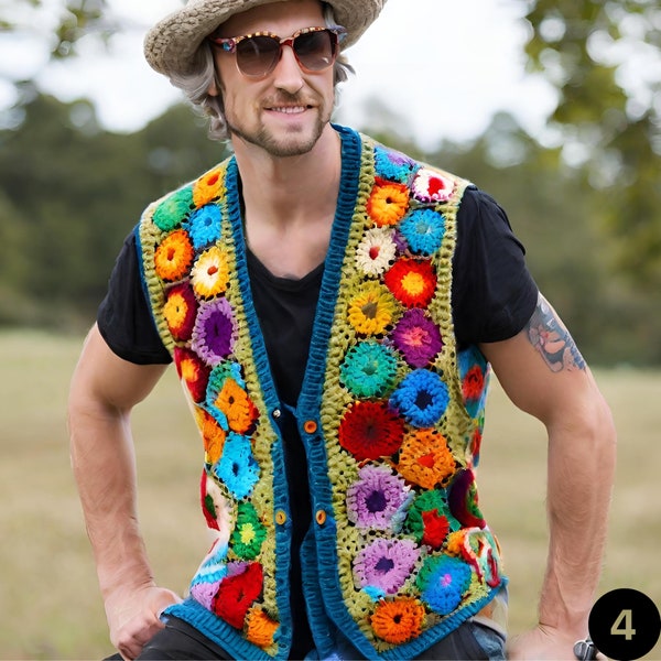 Vêtements hippies pour hommes, vêtements bohèmes pour hommes, gilet hippie en tricot, haut bohème pour homme, gilet au crochet, vêtements bohèmes pour hommes, vêtements en tricot pour hommes, vêtements au crochet