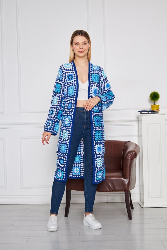Blue Crochet Long Sweater Robe: Boho Afghan Jacket - Etsy