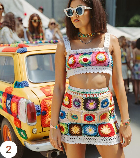Crochet Clothing Set Psychedelic Set Crochet Two piece Crop Top