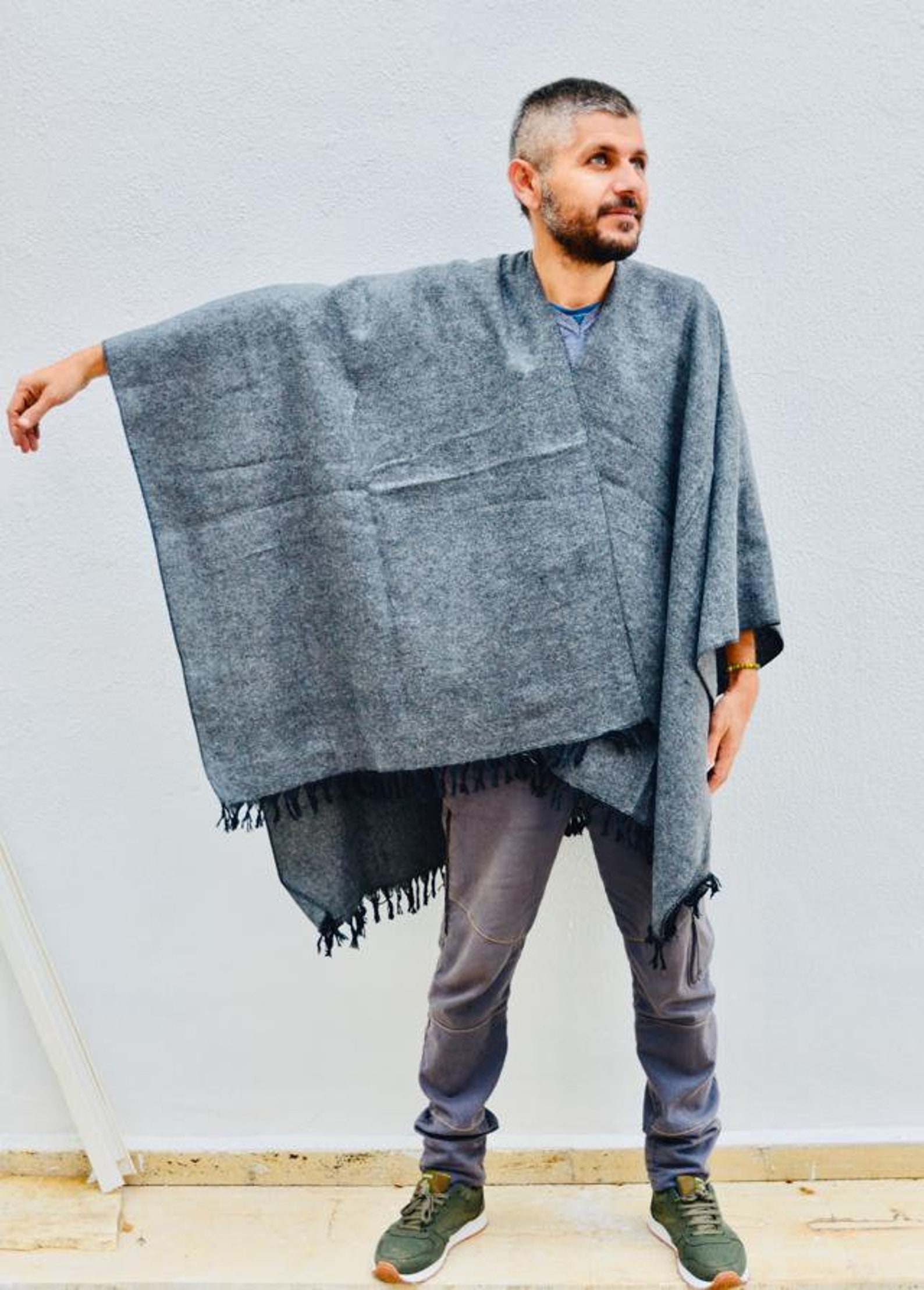 Grey Poncho Men Winter Mens wear Wool Poncho Men Warm | Etsy