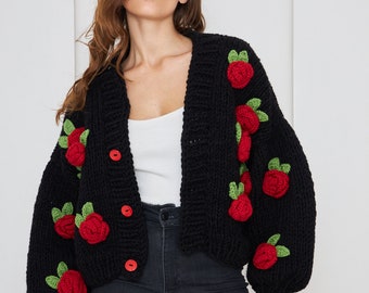 Chunky cardigan, Floral Sweater, Chunky Sweater, Women sweater, Black Cardigan