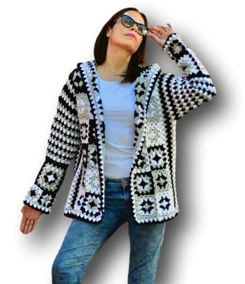 Black Cardigan Black Crochet Sweater Black and White Jacket Etsy