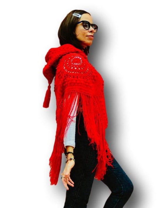 Bohemian Knit Shawl, Festival Shawl Boho Knit Shawl Red Crochet Shawl Handmade Poncho Red Crochet Poncho