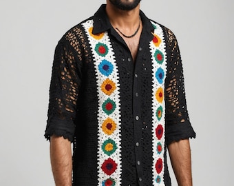 Camisa de crochet para hombre tejida a mano: Top de verano con cuadros de abuela