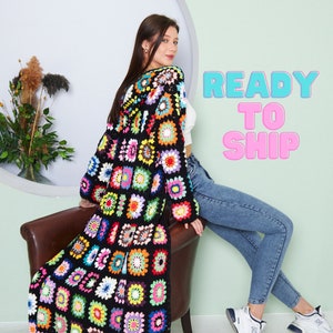 Hand Knit Granny Square Crochet Coat: Multicolor Maxi Cardigan