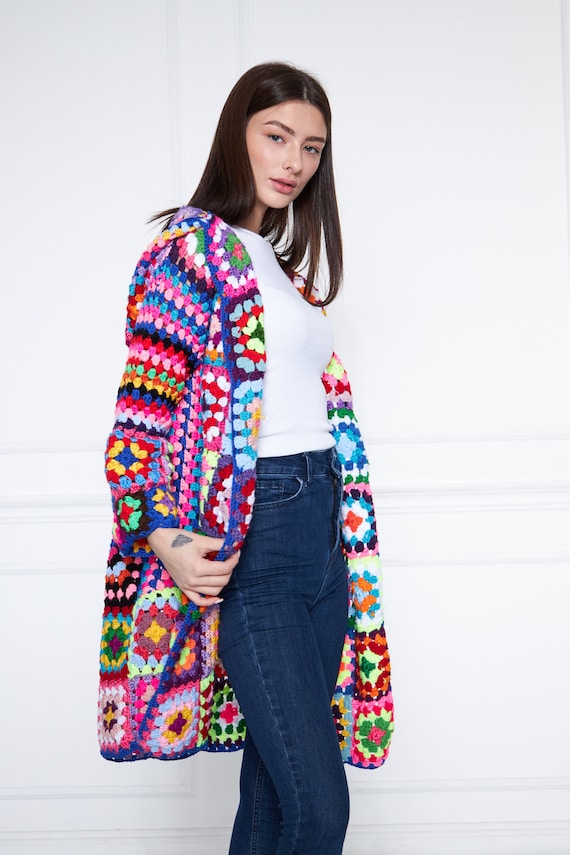 Colorful Cardigan Woman, Colorful Crochet Sweater, Colorful