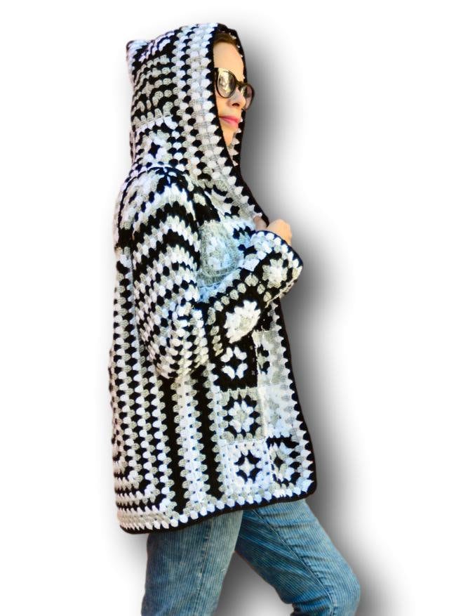 Black Cardigan Black crochet sweater Black and white jacket | Etsy