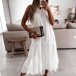 Cotton White Dress, Maxi Long Dress, Women Long Dress, Eyelet Dress ...