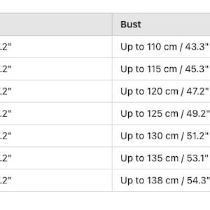 May include: A white table displaying a size chart for clothing. The chart lists sizes XS to 3XL, with corresponding length and bust measurements in both centimeters and inches. The length is 47.2 inches (120 cm). Bust measurements range from 43.3" to 54.3".